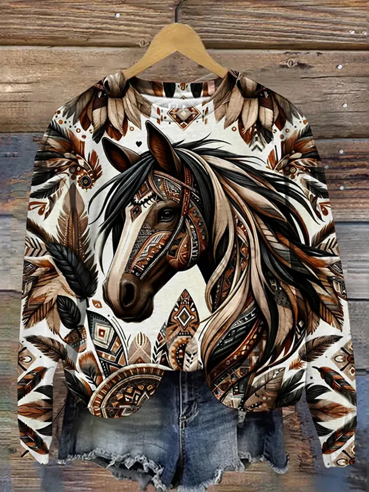 Western Horse Art Pullover Casual Sweatshirt