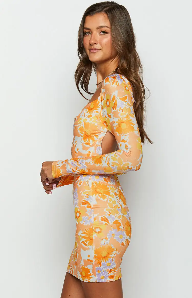 Ashi Orange Floral Long Sleeve Mini Dress