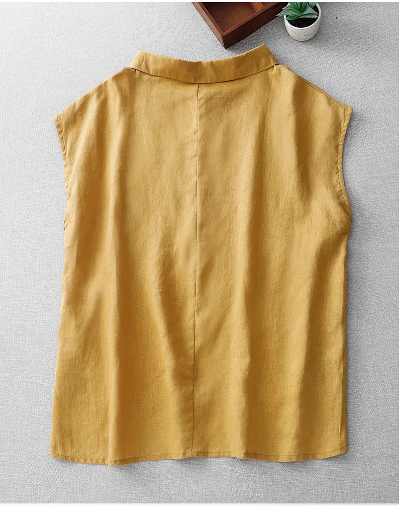 Mori Lapel Collar Drop Shoulder Sleeveless Cotton Linen Shirt