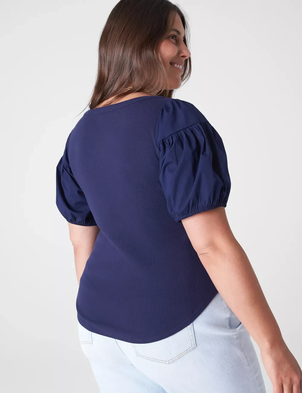 Fitted Woven Puff-Sleeve Rib Top