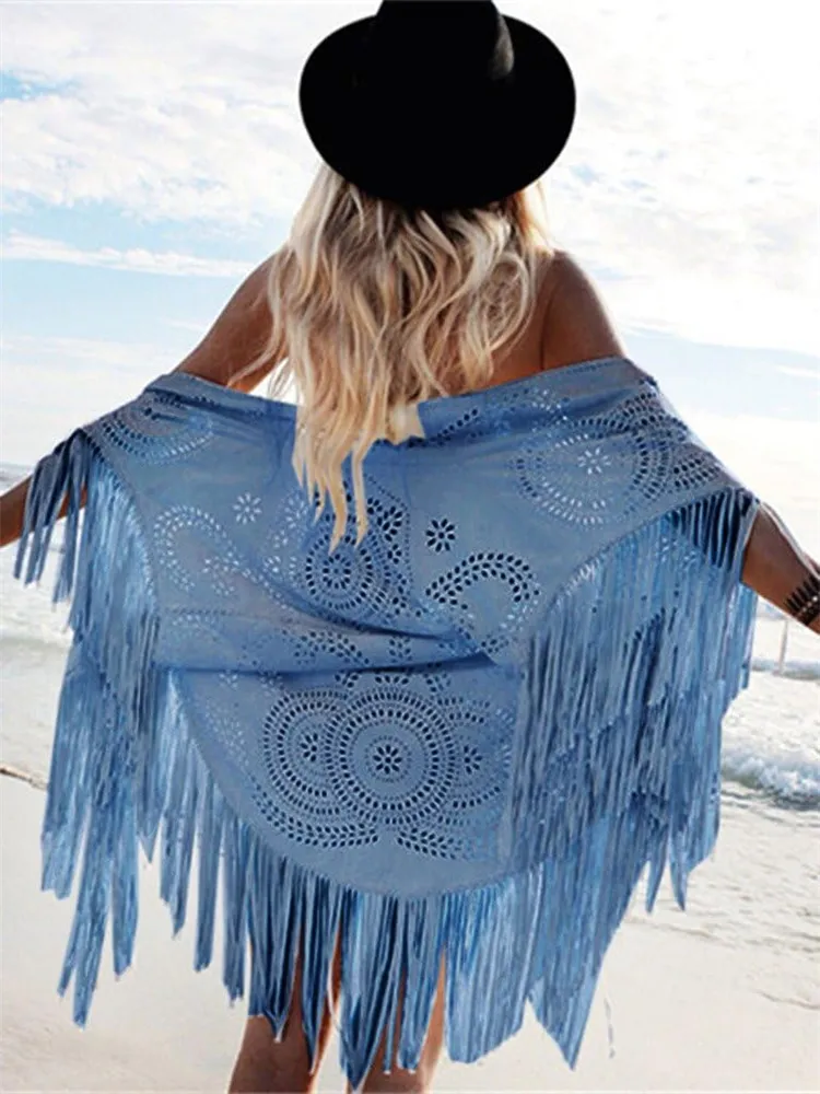 Western Hollow Carved Tassels Suede Shawl