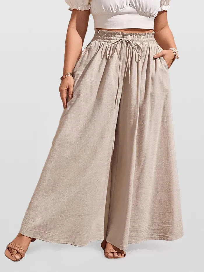 Elastic Waist Drawstring Pocket Wide Leg Pants