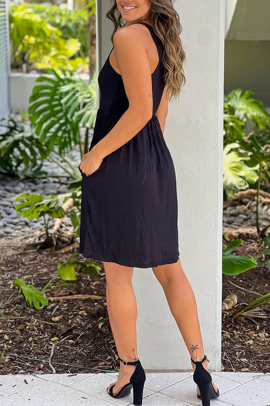 Black Racerback Short Dress With Pockets