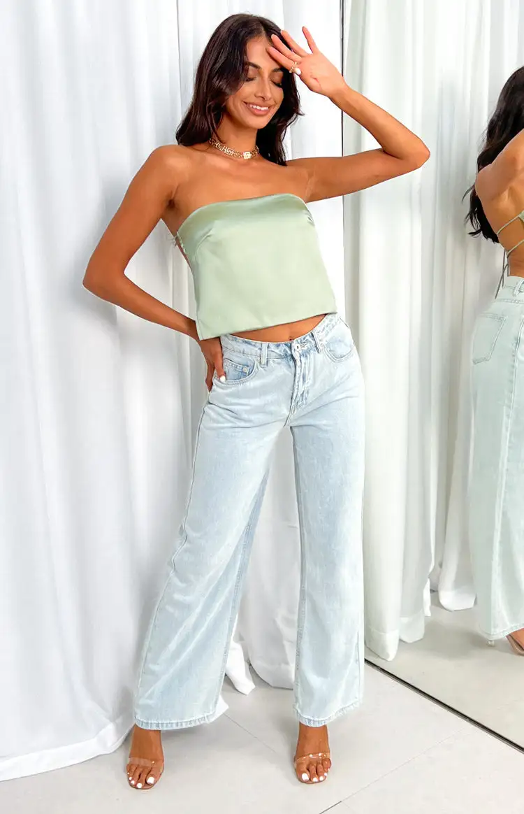 Ibiza Olive Satin Strapless Top