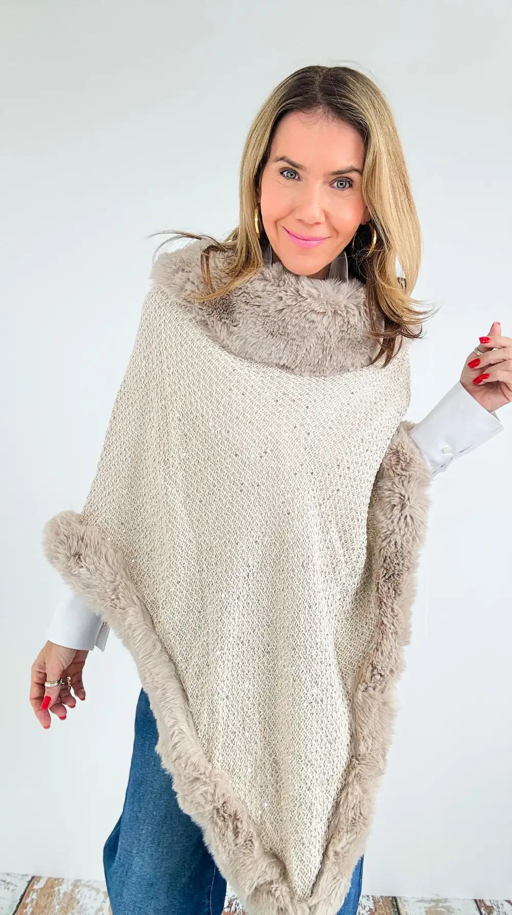 Midnight Glam Vegan Fur Poncho - Beige