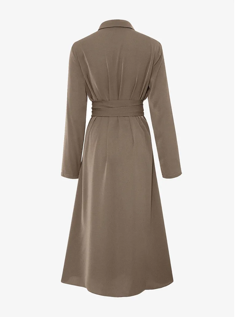 Tie Waist Long Sleeve Midi Shirt Dress