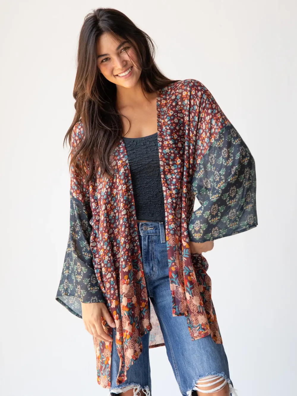 Sierra Mixed Print Kimono - Brown Teal Floral