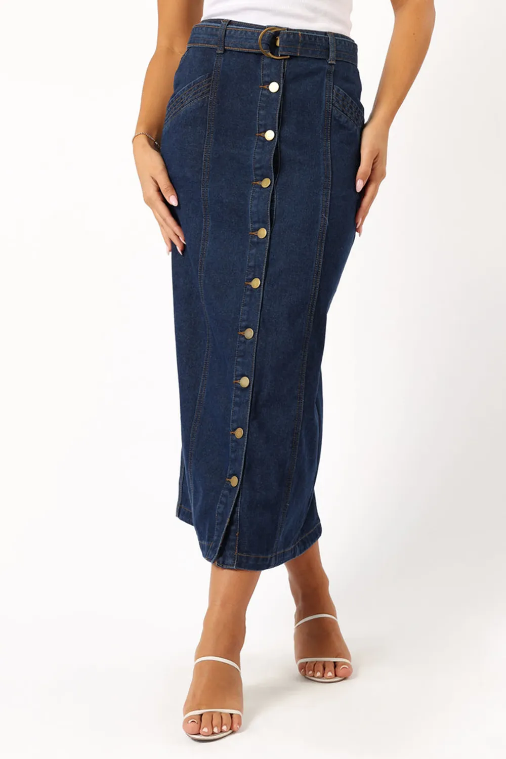 MELODY BELTED DENIM MIDI SKIRT - MID WASH