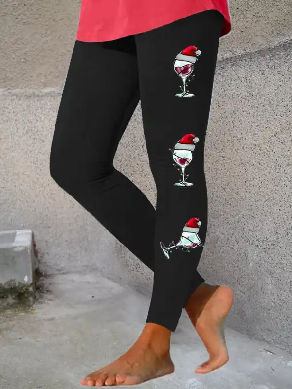 Women's Funny Christmas Drink Drank Drunk Red Wine Glass Print Leggings