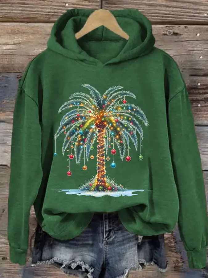 Women's Christmas Palm Tree Printed Casual Hoodie