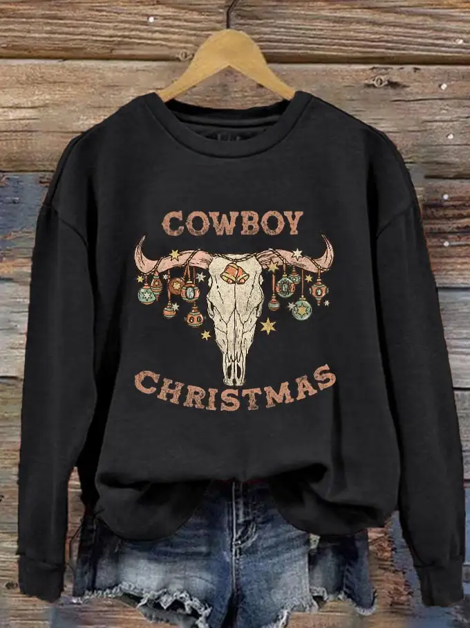 Women's Cowboy Christmas Bull Head Printed Sweatshirt