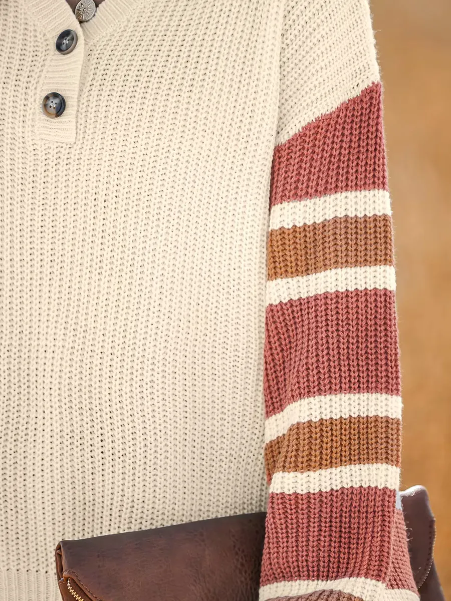 V-neck button-down striped sweater