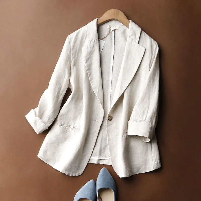 Thin 3/4-sleeve one-button linen blazer