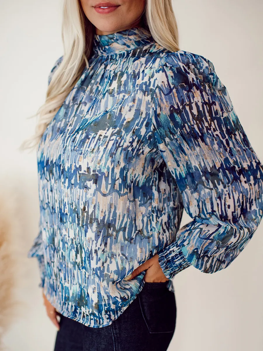 High neck blue abstract pattern shirt