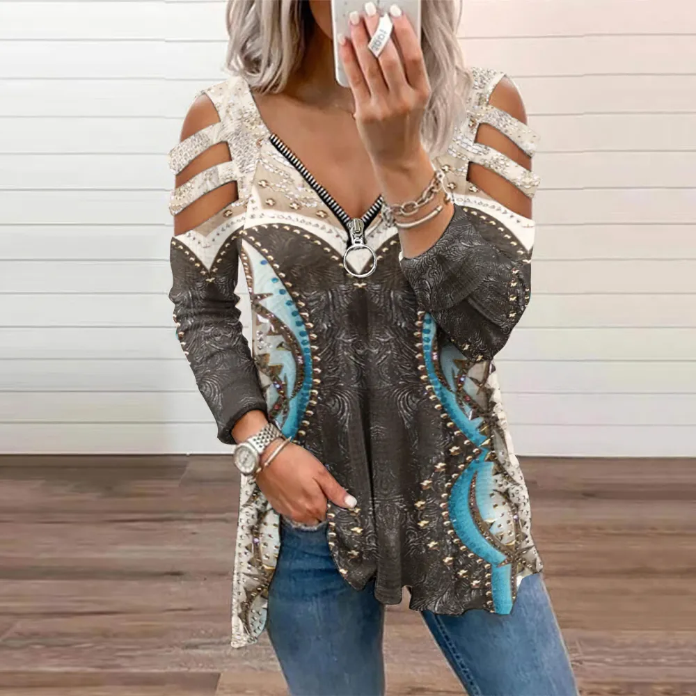 Western Tribal Geometry Printed Zip Up Hollow Out T Shirt