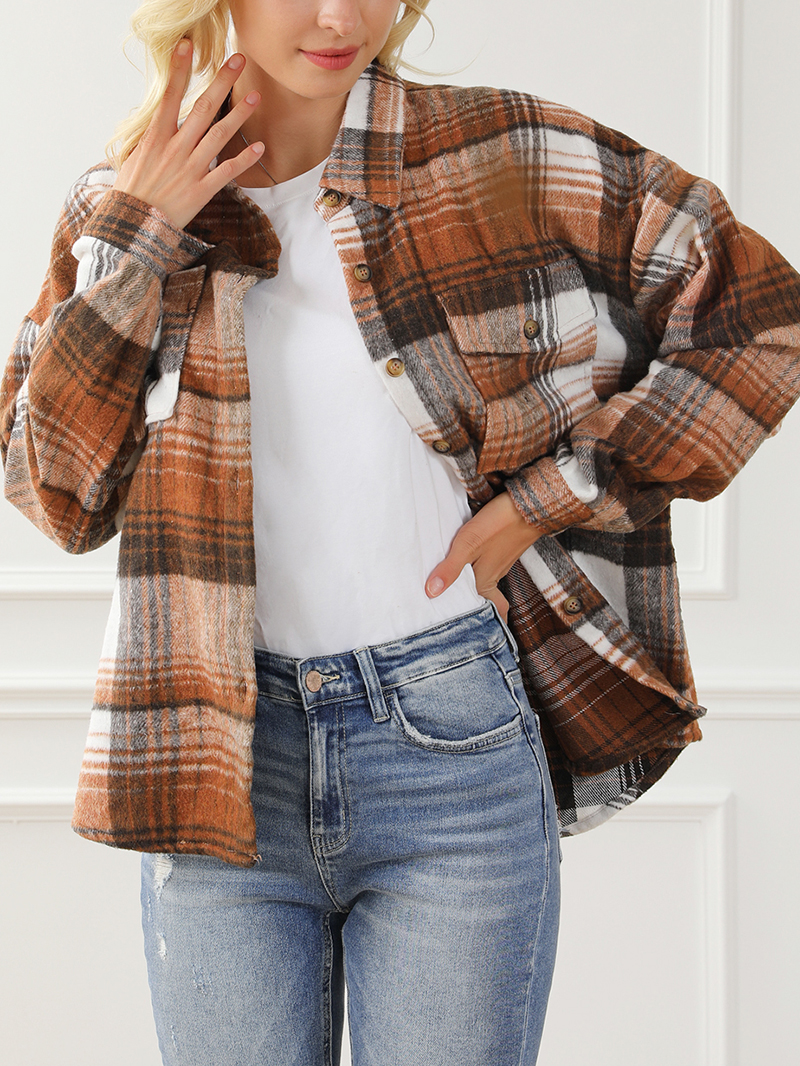 Brown Plaid Flap Pockets Shacket