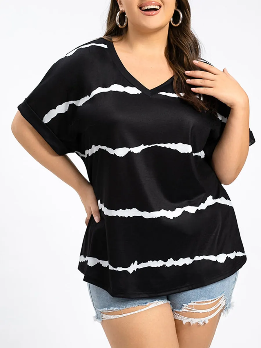 Plus Striped V-Neck Cuffed Sleeve Tee