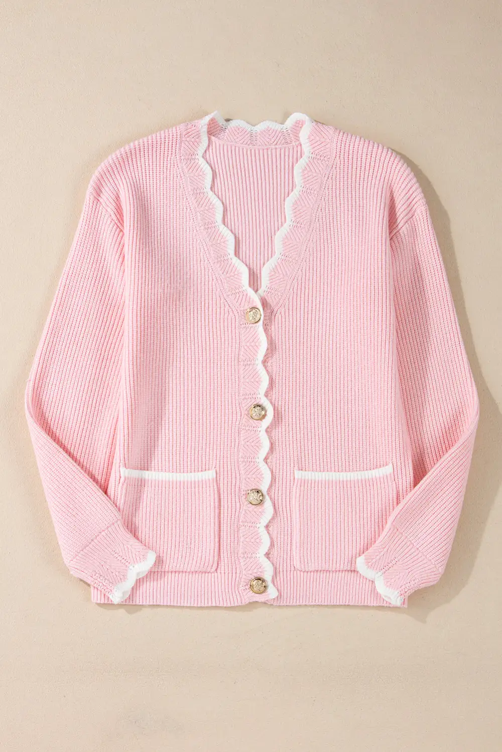 Pink Ribbed Knit Scalloped Edge Side Pockets Buttoned Cardigan