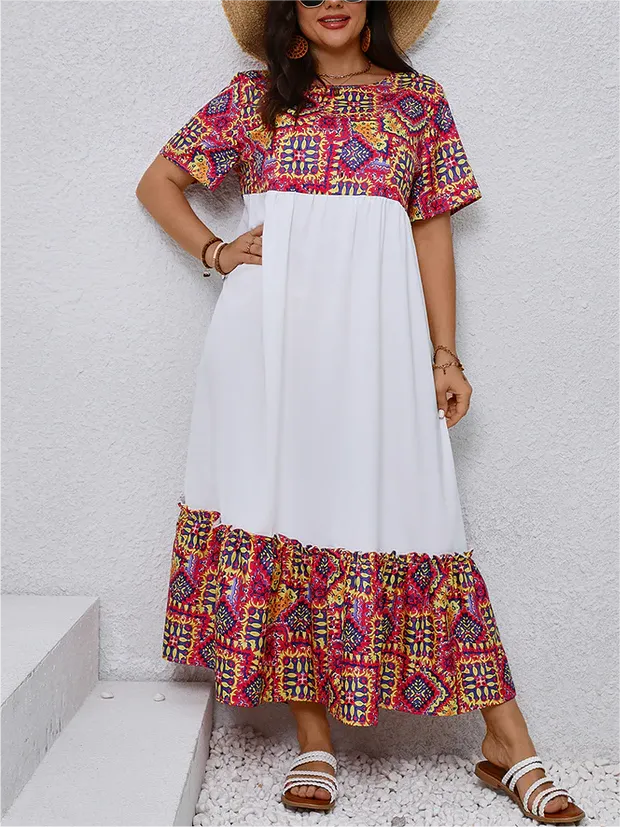 Colorblock Contrast Patchwork Geometric Print Round Neck Dress