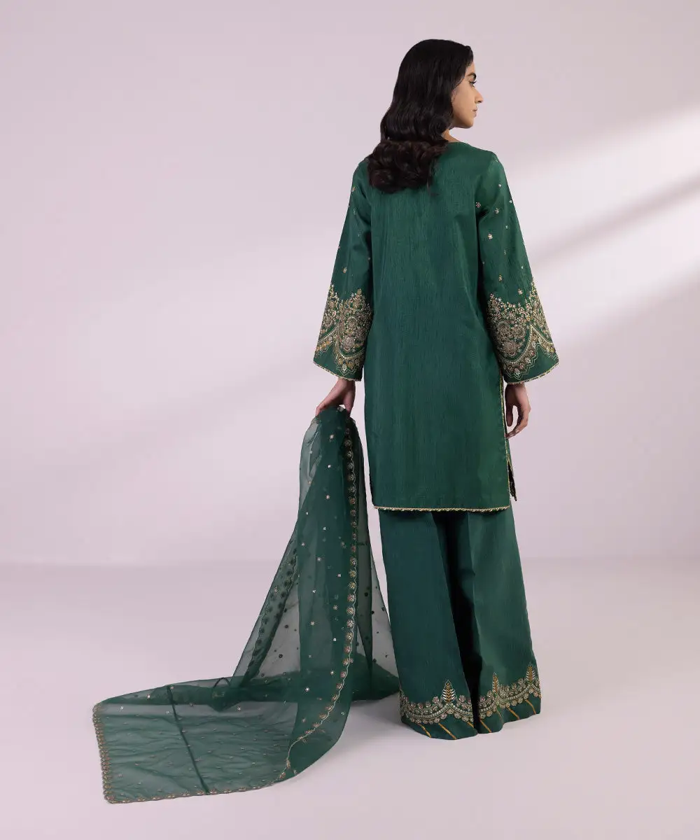 3 Piece - Embroidered Raw Silk Suit