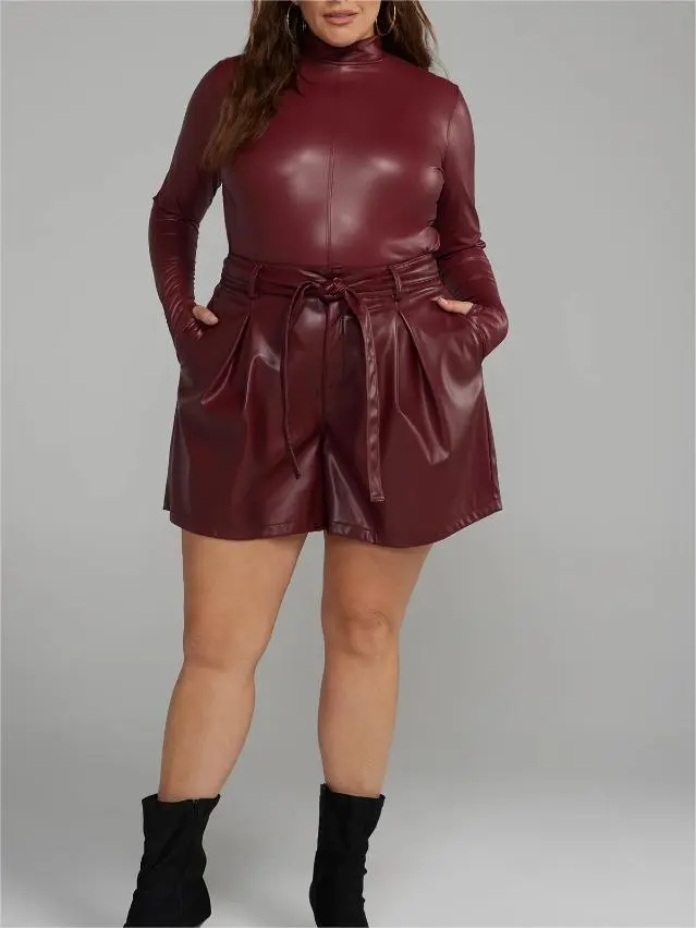 Coated Texture Faux Leather Mockneck Top