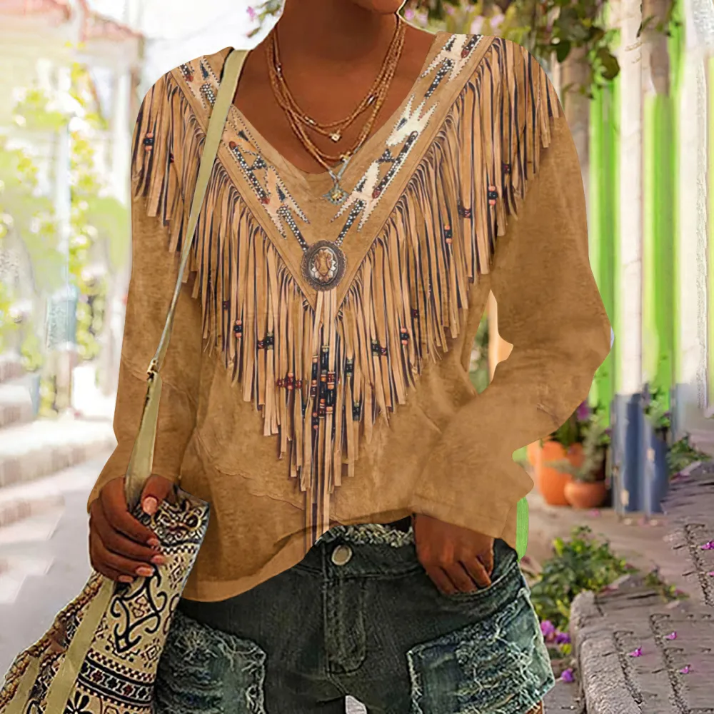 Vintage Tassels Art V Neck Casual Long Sleeve T-Shirt