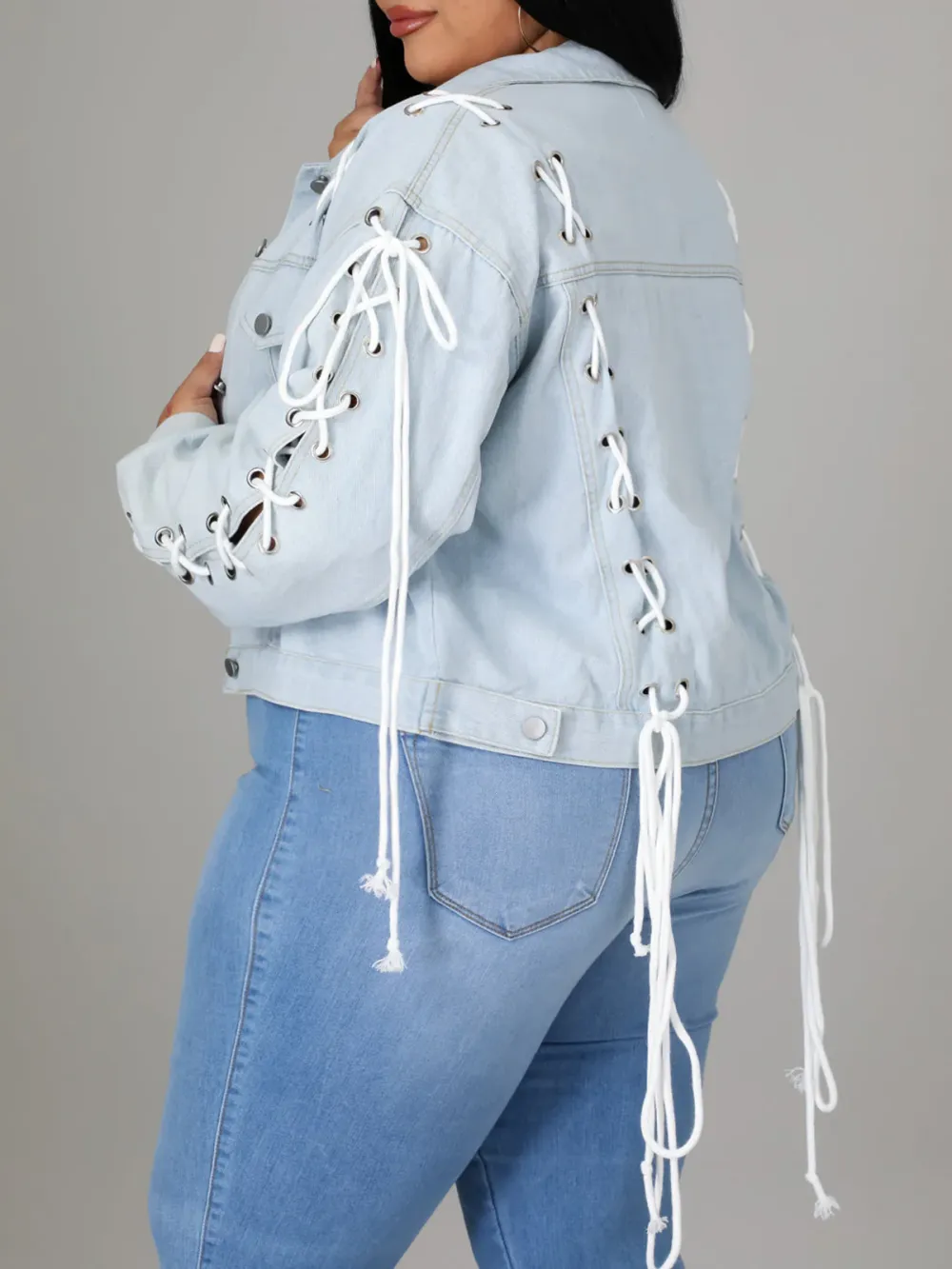 Plus-Size Fashion Women'S Lace-Up Denim Jacket