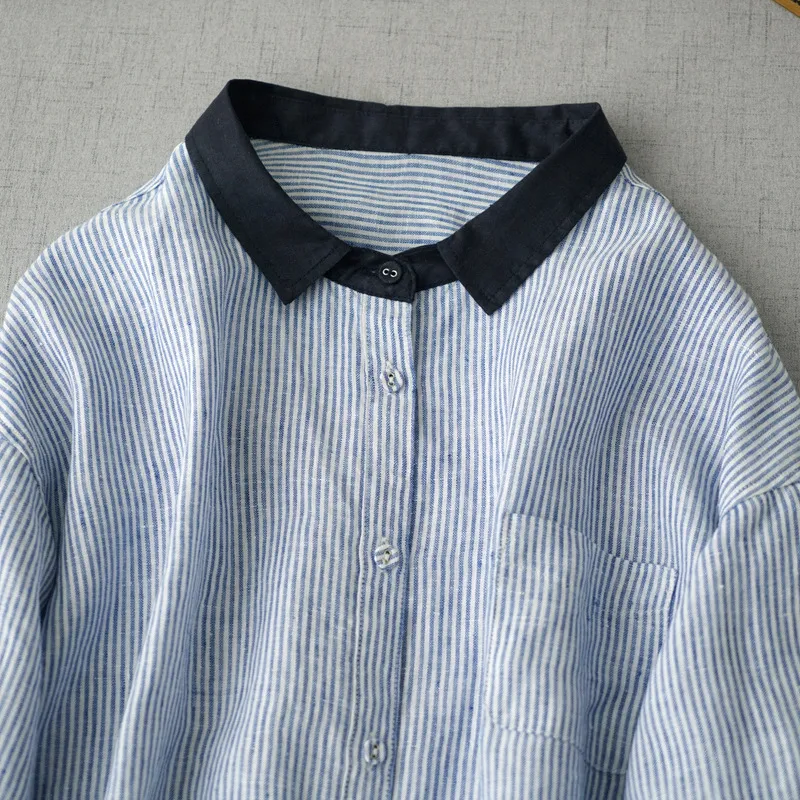 Cotton and linen striped loose shirt