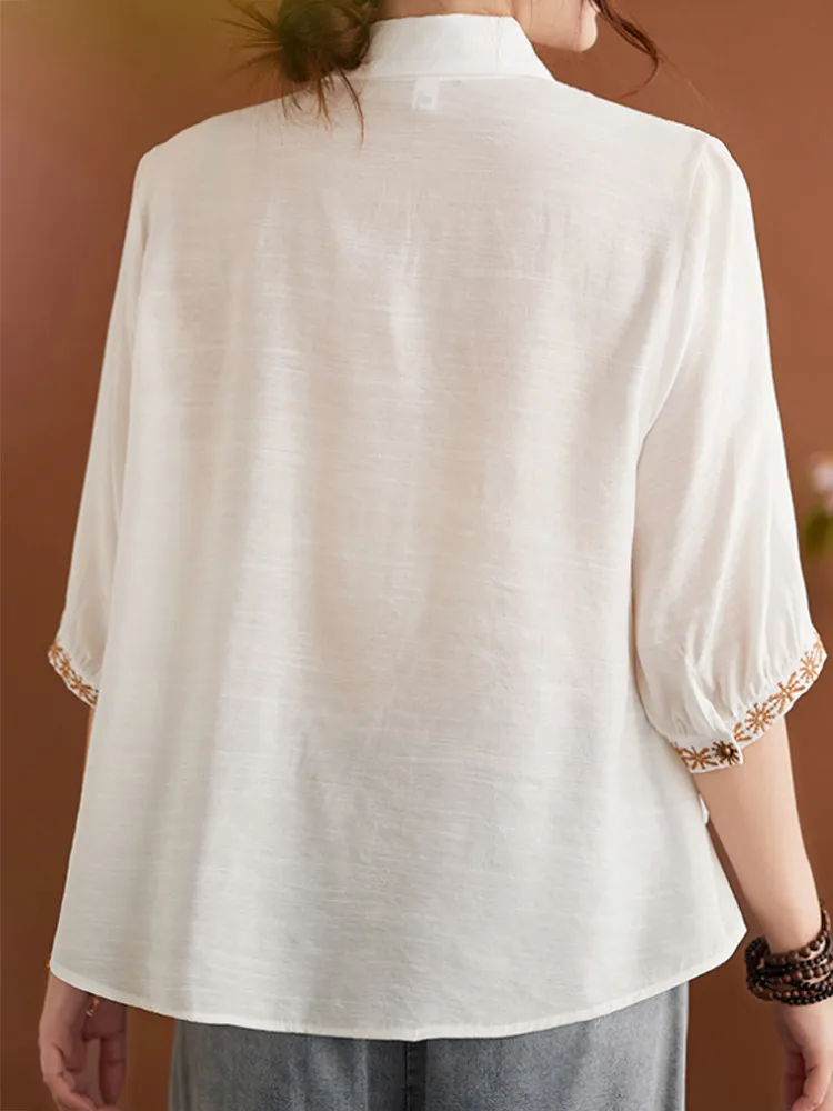 Women's Casual Retro Ethnic Style Embroidered Cotton Design Shirt