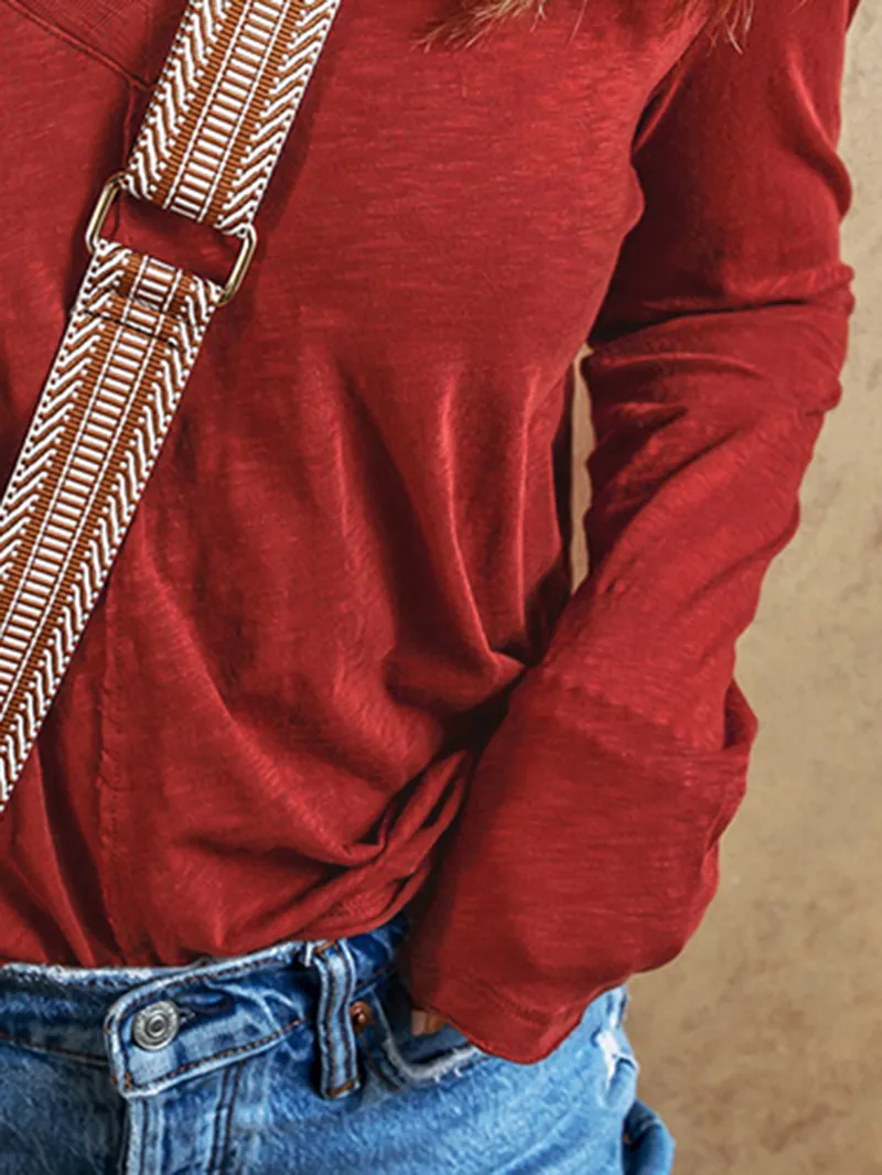 Red Sandalwood V Neck Center Seam Long Sleeve Tee