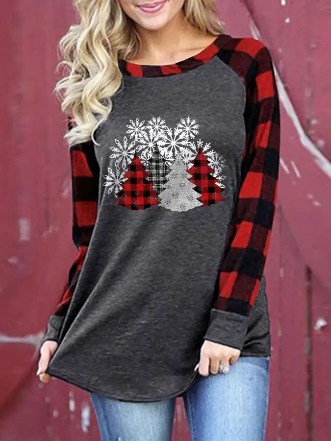 Women's Check   Tree Print Check Sleeve T-Shirt