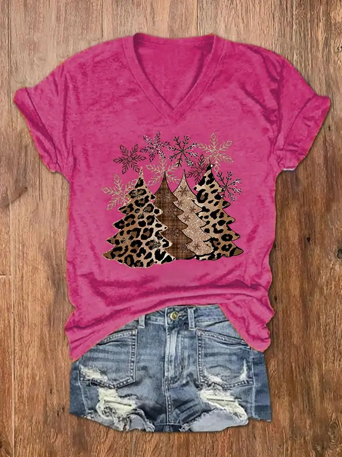 Women's Leopard   Tree Print V-Neck T-Shirt