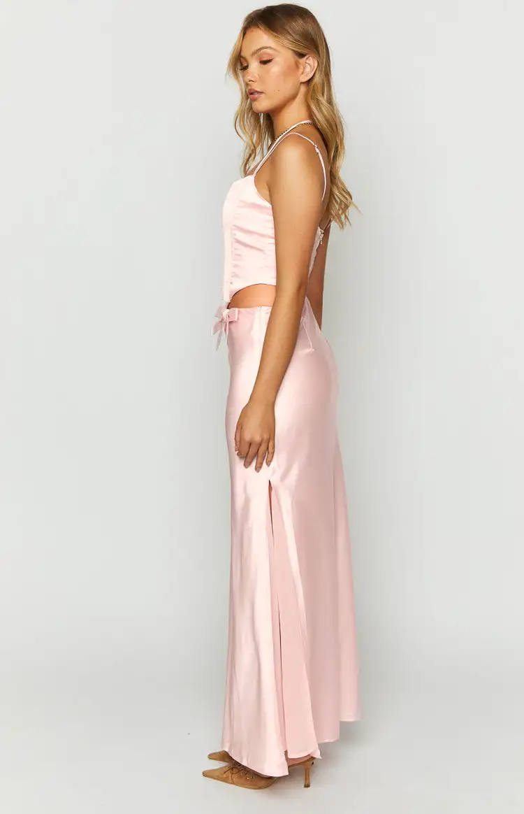 Azriel Pink Satin Bow Maxi Skirt