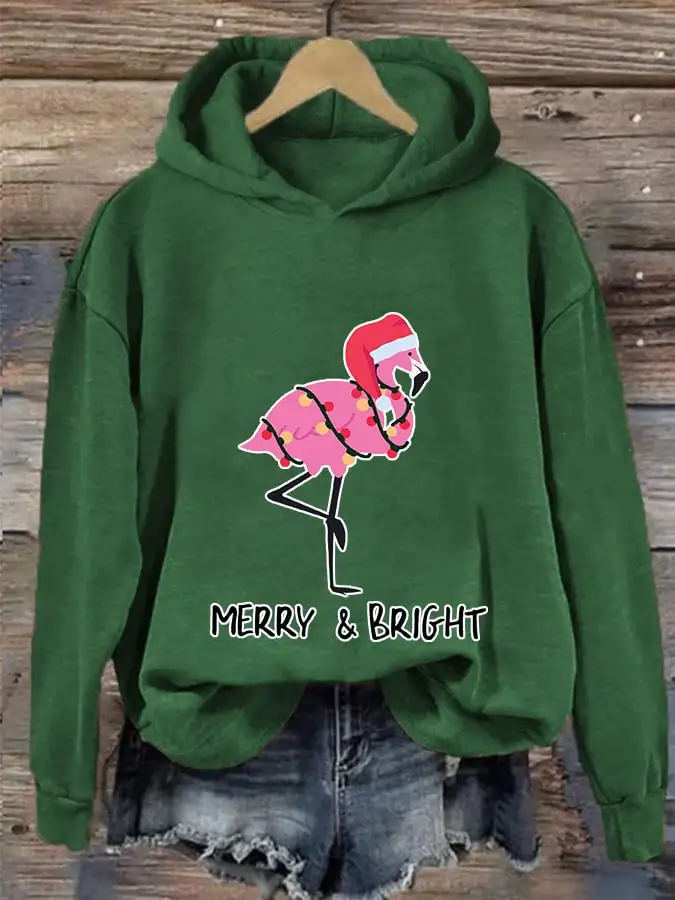 Women's Merry And Bright Christmas Flamingo Print Casual Hooded