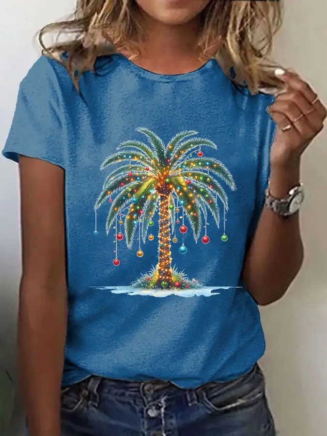 Women'S Christmas Palm Tree Print Casual Round Neck T-Shirt