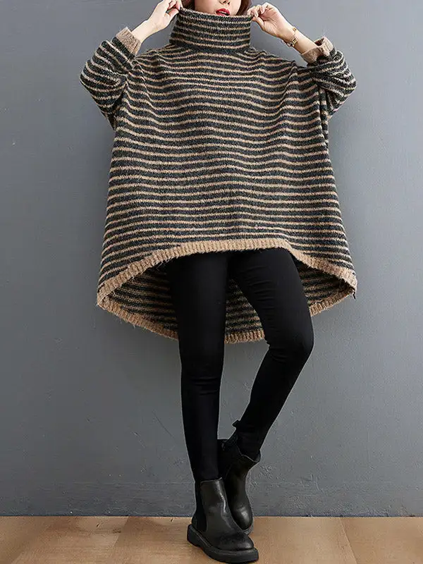 Loose Striped High-Low Heaps Collar Long Sleeves Knitwear