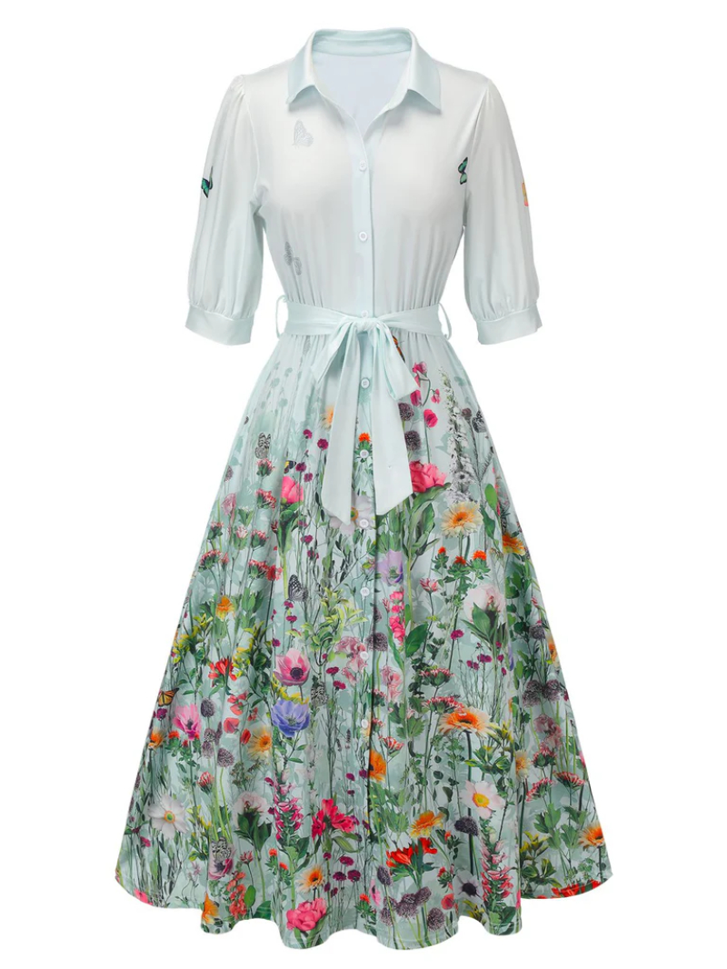 LIGHT BLUE 1940S FLORAL SHIRT NECK BELT DRESS