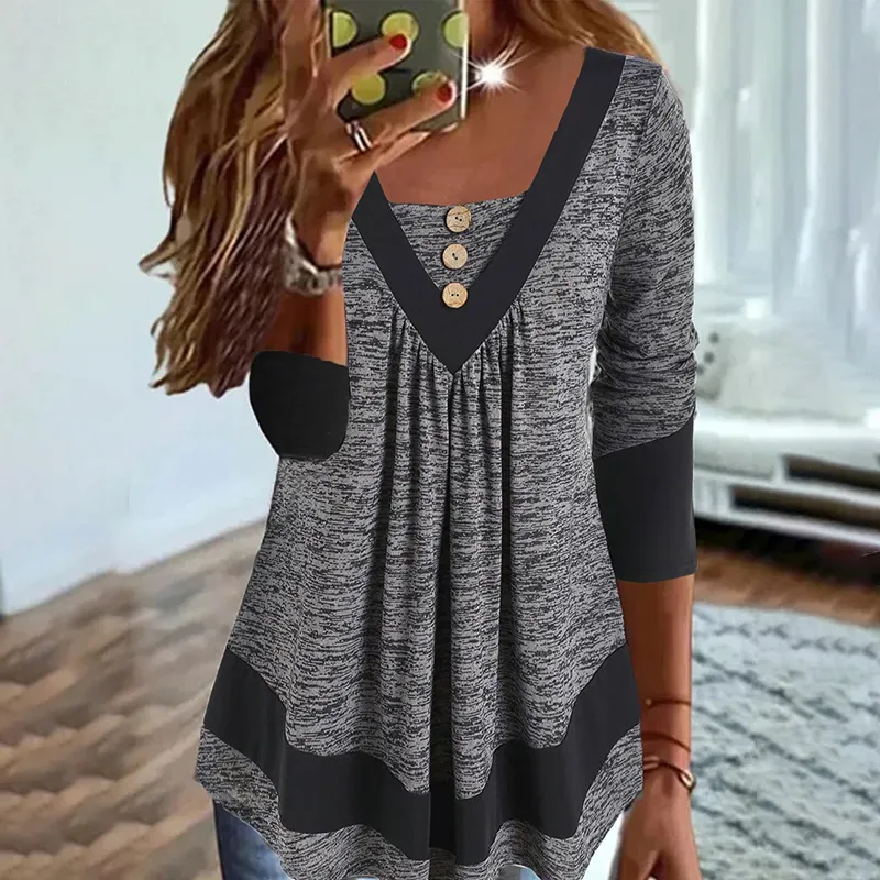 Paneled Long Sleeve Loose Casual T-Shirt