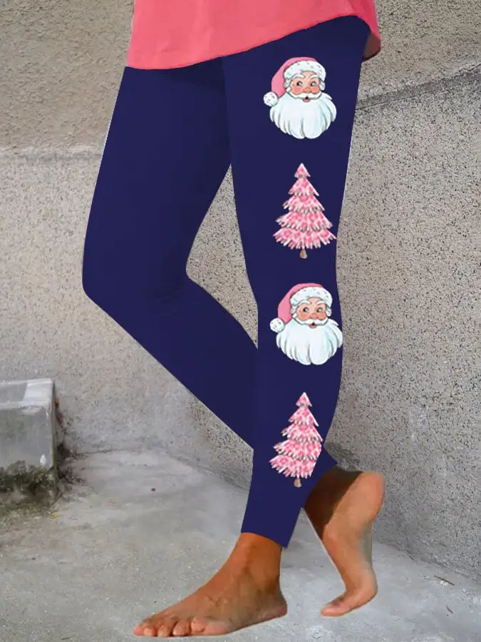 Women's Pink Santa Claus   Tree Print Stretch Leggings