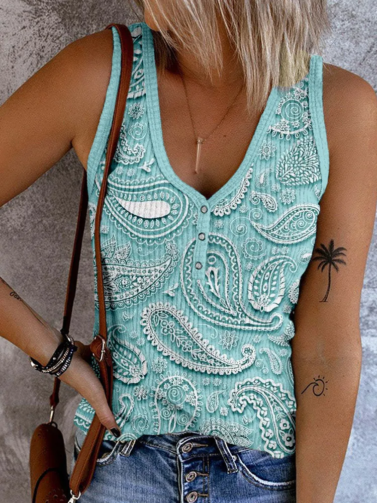 Western Paisley Pattern Button Up Tank Top