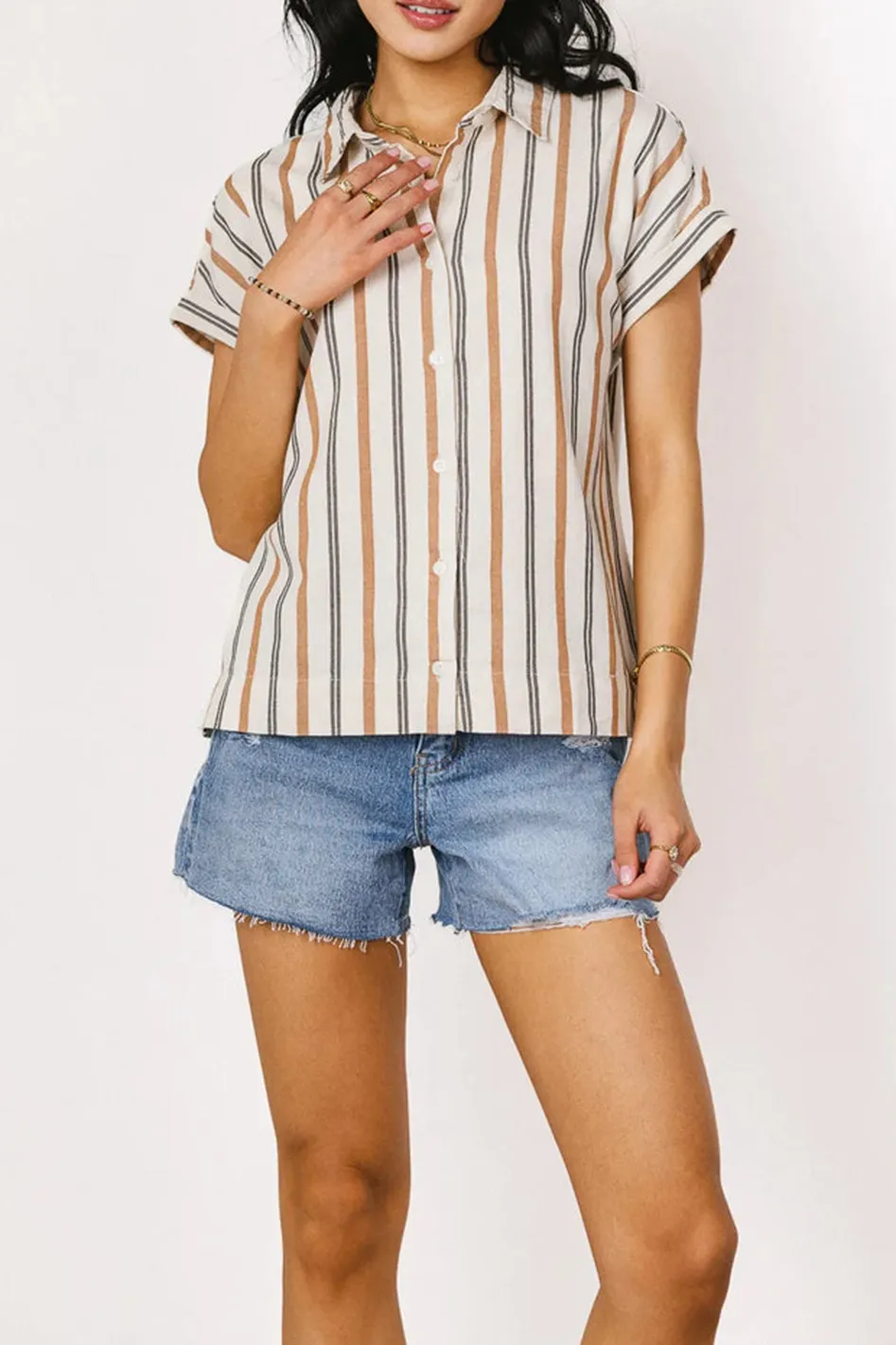 GABBY STRIPED BUTTON UP IN TAN