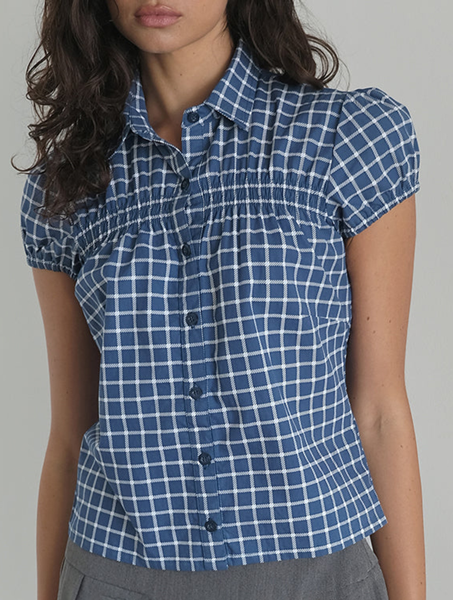 Ulsan Fitted Shirt In Navy Tartan Poplin