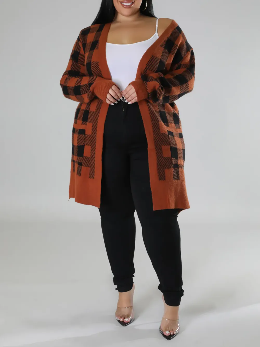 Plaid Knit Coat For Plus-Size Fashion Women