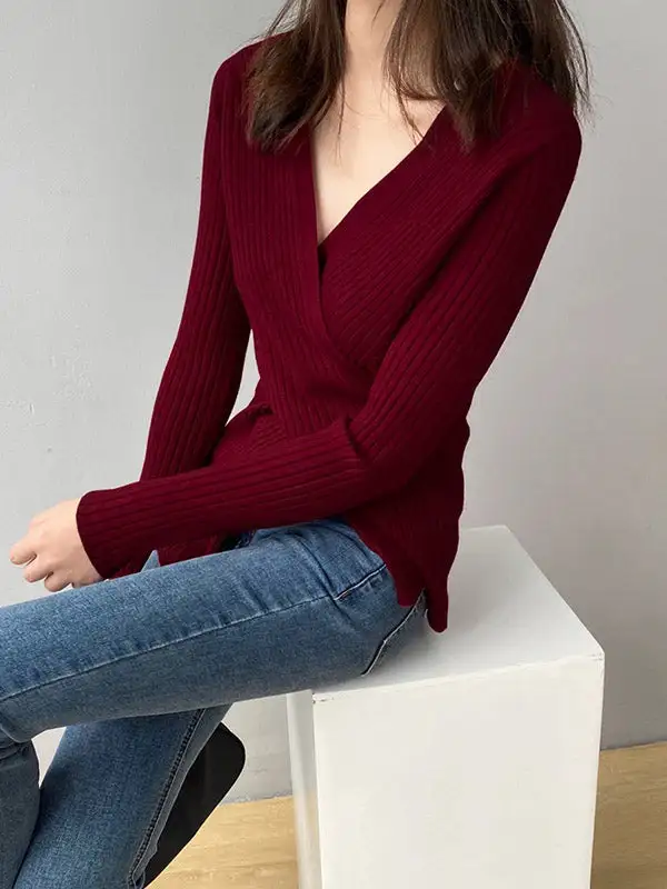 Chic Simple 5 Colors Split-Front V-Neck Long Sleeves Knitted Sweater Tops