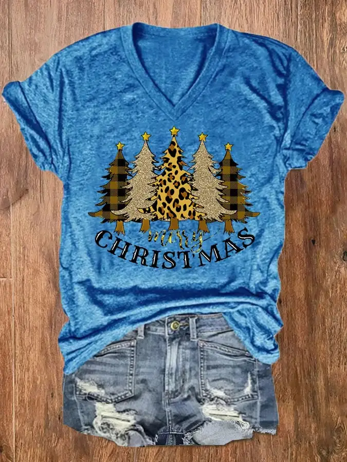 Women's Merry   Shiny Leopard   Tree V-Neck Tee