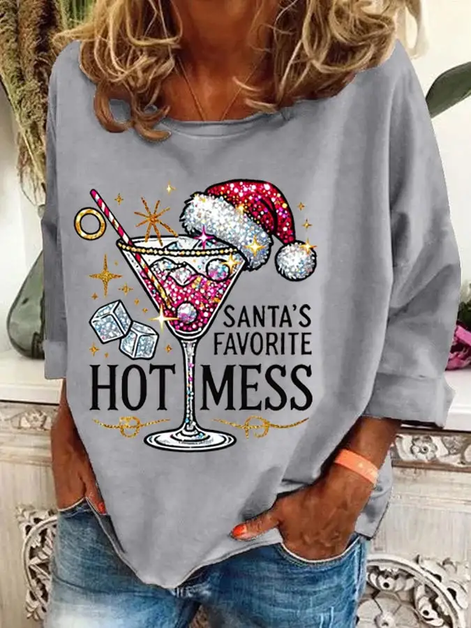 Women's Christmas Santa's Favorite Hot Mess Printed Casual Sweatshirt