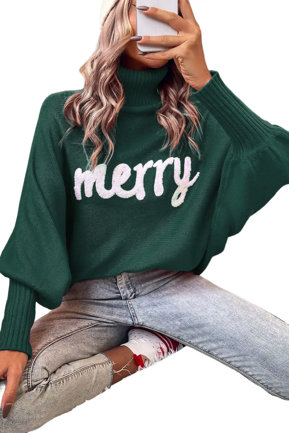 Merry Letter Embroidered High Neck Sweater