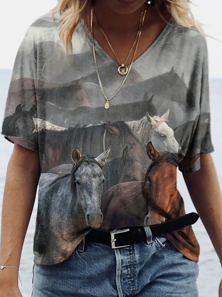 Western Horses Pattern V Neck Comfy T Shirt