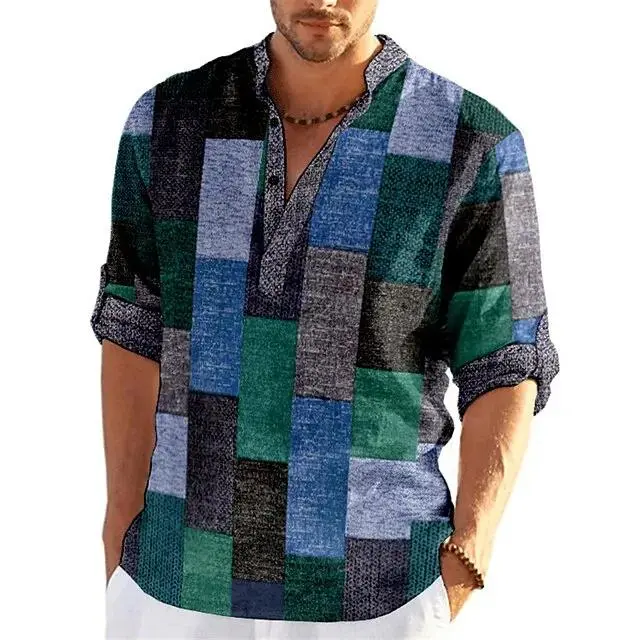 Men's Shirt Plaid / Check Patchwork Graphic Prints Geometry Stand Collar Khaki+Khaki Black White Yellow Light Green Outdoor Street Long Sleeve Print Clothing Apparel Fashion Streetwear Designer Casual