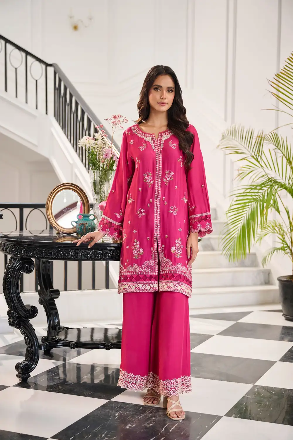 PINK 3PCS  EMBROIDERED KURTA WITH TROUSER